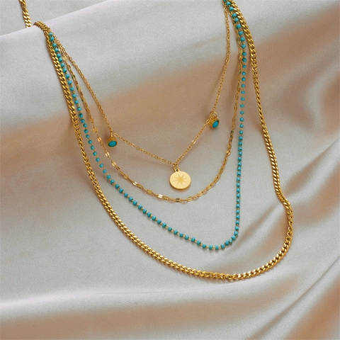 Collana Multistrato In Acciaio Al Titanio Color Oro Pendente Stella A Otto Punte Moneta Perline Turchesi Gioielli Boho Donna