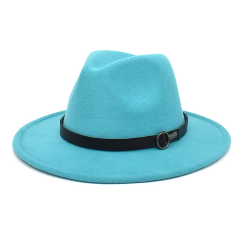 Wool Felt Fedora Hat For Women Wide Brim Vintage Jazz Cap With Leather Belt Metal Buckle Elegant Solid Color Winter