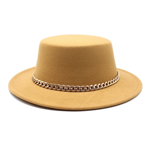 Boater Hat Vintage Woolen Felt Flat Top Wide Brim Gold Chain Decor Retro Elegant Fedora For Men Women