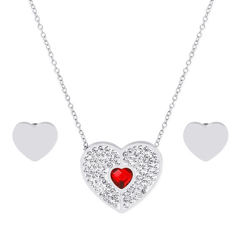 Collana E Orecchini A Cuore Acciaio Inossidabile Gemma Rossa Strass Gioielli A Forma Di Cuore Per Donne Moda Elegante