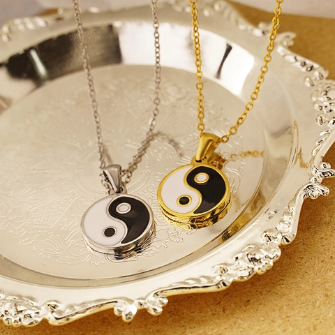 Collier Pendentif Yin Yang Tai Chi Acier Inoxydable Émail Style Ethnique Vintage Bijoux Pour Couples Hommes Femmes