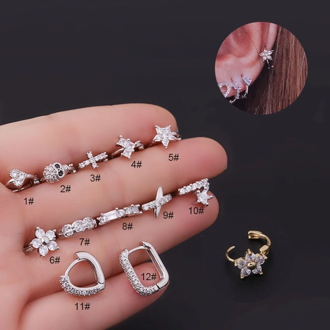 Orecchini Piercing In Rame Zirconia Cuore Fiore Croce Stella Geometria Gioielli Tiny Punk Per Donne