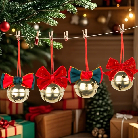 Christmas Bell Ornaments With Velvet Ribbon Bows Golden Metal Star Cutout Hanging Festive Tree Decoration