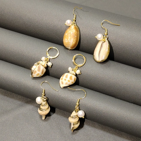 Bohemian Summer Natural Shell Artificial Pearl Dangle Earrings For Women Gold Plated Copper Beach Vacation Jewelry Gift