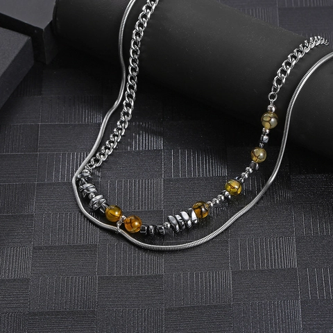Collana A Doppio Strato Acciaio Inossidabile Pietra Naturale Perline Occhio Di Tigre Catena A Serpente Gioielli Hip Hop Uomo Donna