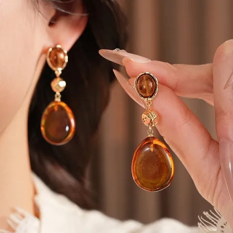 Vintage French Resin Amber Drop Earrings With Gold Plated Alloy And Silver Earring Post For Women Luxury Style