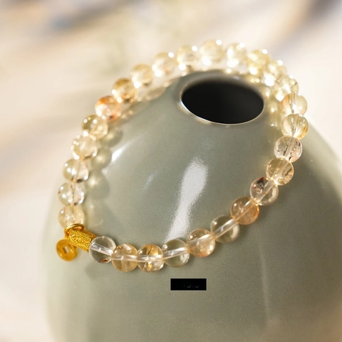 Natural Rutilated Quartz Beaded Bracelet Clear Crystal With Gold Tone Copper Charms New Chinese Style Elegant Jewelry For Women