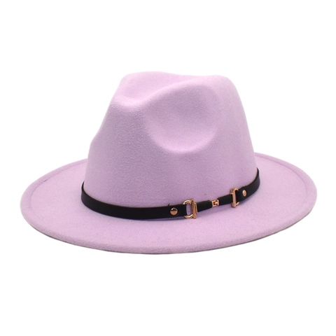 Unisex Woolen Felt Fedora Hat Wide Flat Brim Retro British Style With Leather Belt Gold Buckle Solid Color Elegant