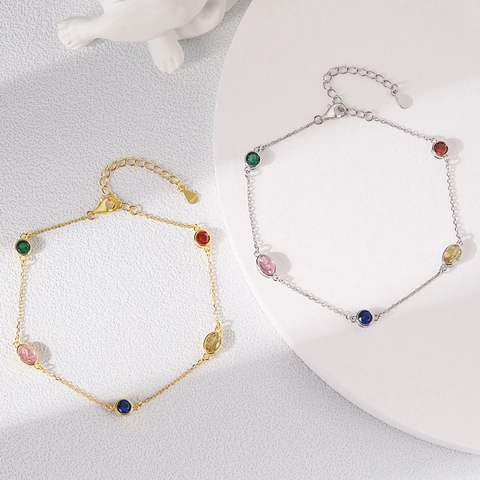 S925 Sterlingsilber Buntes Geometrisches Zirkonia Armband Für Damen Modisches Süßes Regenbogen Design Verstellbarer Handschmuck