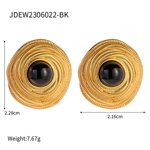 Vintage Geometrische Ronde Oorbellen Spiraaltextuur Zwarte Onyx Inleg Roestvrij Staal Court Style Sieraden Voor Vrouwen
