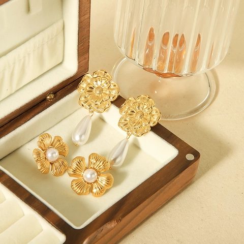 Bloemen Kunstpareloorringen 18K Verguld Roestvrij Staal Franse Vintage Elegante Sieraden Voor Dames