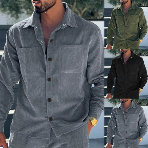Camicia Di Velluto A Coste Da Uomo Manica Lunga Texture A Coste Tinta Unita Tasche Petto Risvolto Bottoni Casual