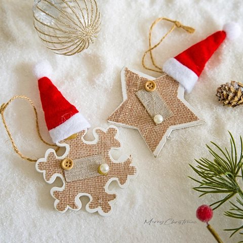 Weihnachtsanhänger Holz Leinen Stern Rentier Schneeflocke Baum Mini Weihnachtsmütze Knoop Rustikale Dekorationen