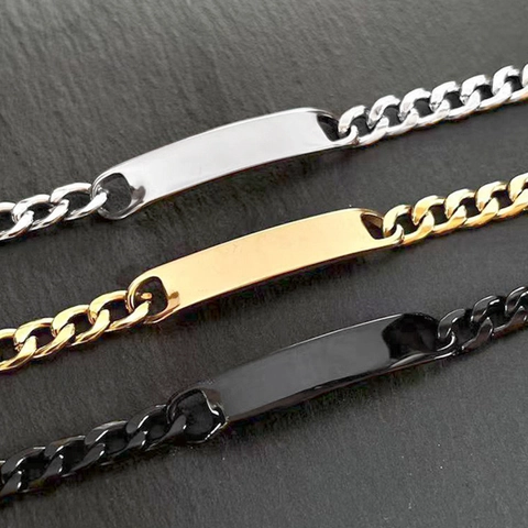 Titanium Steel Cuban Link Chain Bracelet With ID Bar Plate Hip Hop Polished Fashion Jewelry For Men Women