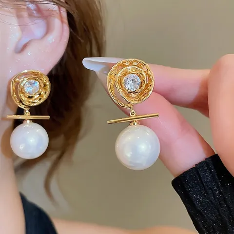 Pendientes Colgantes De Flor En Espiral Retro Francés Lujo Chapado En Oro De 14K Circonita Con Poste De Plata 925 Perla Artificial