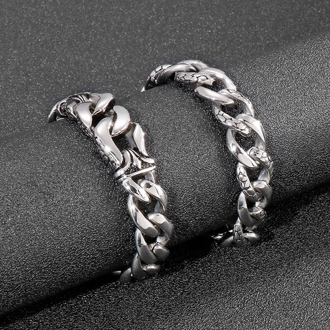 Men Stainless Steel Bracelet Heavy Cuban Link Dragon Scale Snake Pattern Engraved Punk Hip Hop Jewelry Silver Tone