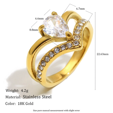 Double Layer Crown V Shape Ring 18K Gold Plated Stainless Steel Pear Cut Cubic Zirconia Pave Elegant Luxury Jewelry