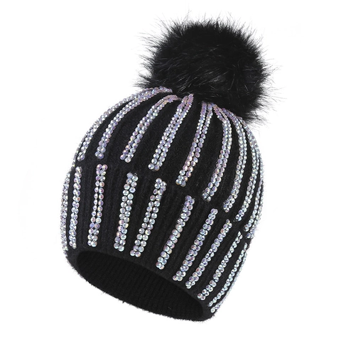 Women Fashion Rhinestone Acrylic Knitted Beanie Winter Warm Plush Fur Ball Ear Protection Outdoor Hat For Ladies