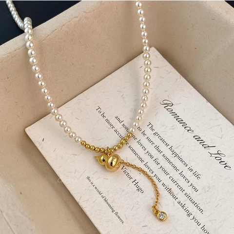 Elegant Imitation Artificial Pearl Necklace With Golden Gourd Pendant Zircon Tassel Clavicle Chain For Women New Chinese Style