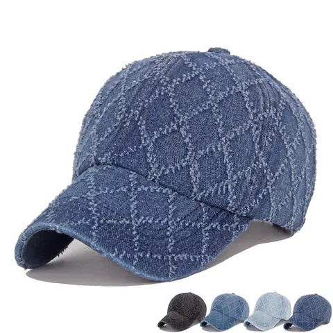 Gewaschene Distressed Denim Baseballkappe Für Damen Herren Rautenmuster Verstellbar Sonnenhut Vintage Street Style Baumwollkappe