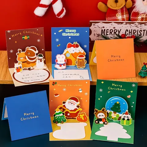 3D Pop Up Christmas Greeting Card Cardstock Santa Reindeer Snowman Handwritten Blessing Card Envelope Festive