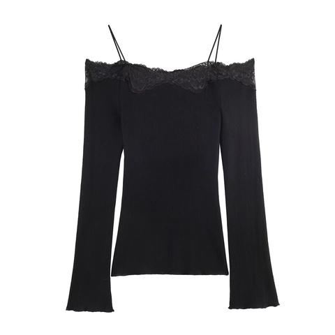 Damen Schulterfreies Langarmshirt Rippstrick Mit Spitzenbesatz Und Spaghettiträgern Lässiges Enges Oberteil