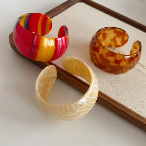 Acetate Resin Open Cuff Bracelet Wide Colorful Stripes Tortoiseshell Marble Pattern Retro Simple Jewelry For Women