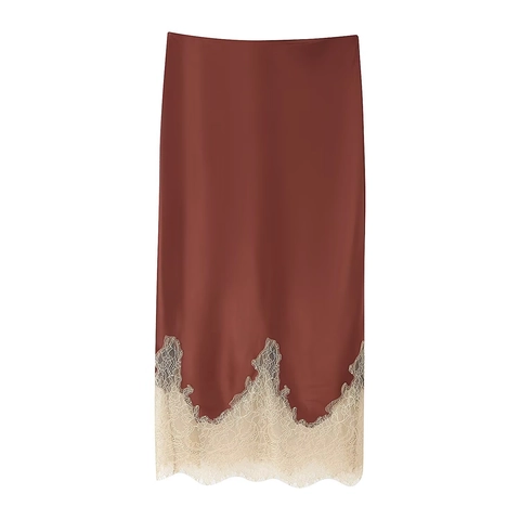 Sexy Brownish Red Satin Midi Skirt With Beige Eyelash Lace Trim Contrast Color Straight Silhouette For Women