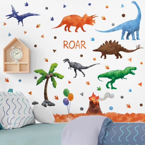 Watercolor Dinosaur Robot Racing Car Wall Stickers Cartoon Prehistoric Animals Volcano Boys Bedroom Playroom Nursery Decoration Posters