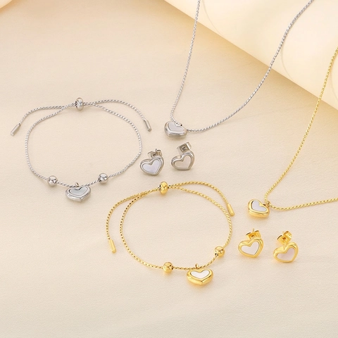 Collar Pulsera Y Pendientes De Corazón De Acero Inoxidable Con Incrustaciones De Nácar Joyas De Moda Para Mujer
