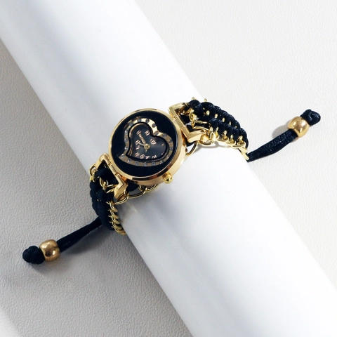 Women Quartz Watch Heart Shaped Rhinestone Dial Gold Alloy Case Adjustable Woven Braided Cord Chain Bracelet Strap Fashion
