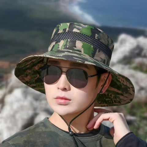 Camouflage Fischerhut Polyester Atmungsaktiv Sonnenschutz Wandern Angeln Winddichtes Seil
