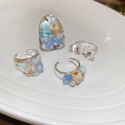 Tema Océano Concha Diamantes Imitación Anillos Abiertos Ajustables Cobre Flor Piedra Púrpura Joyería Vacaciones Verano Mujeres
