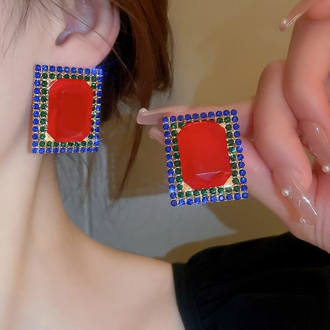 Vintage Geometric Square Rhinestone Stud Earrings Copper Alloy Colorful Crystal For Women With Silver Earring Post