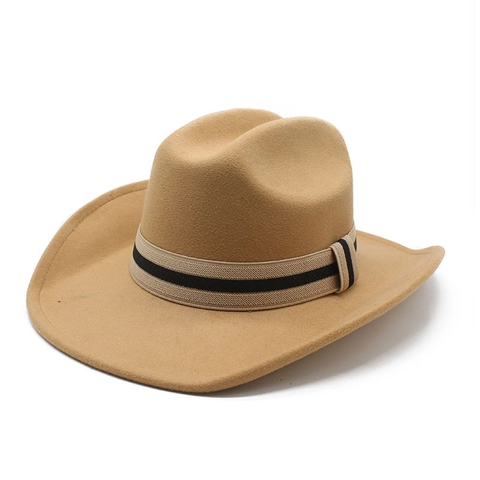 Chapeau De Cow-Boy Western En Feutre De Laine Large Bord Bande Rayée Style Vintage Fedora Pour Hommes Et Femmes