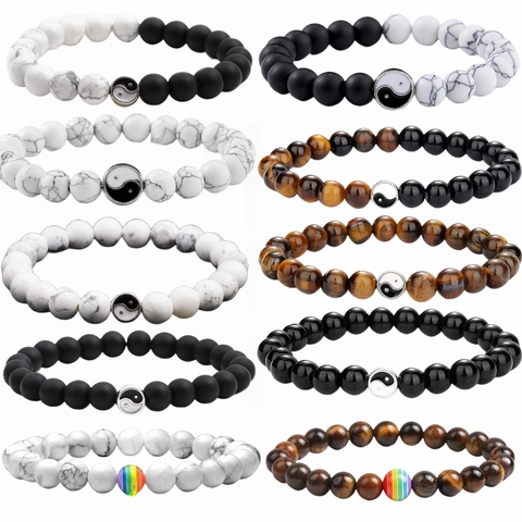 Natural Stone Beaded Bracelets With Copper Yin Yang Tai Chi Charm For Couples Yoga Healing Jewelry Men Women