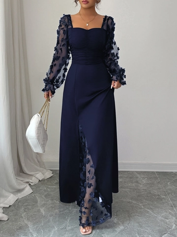 Elegant Evening Party Dress Women Square Neck Mesh Long Sleeves Textured Flower Applique High Slit Pleated Slim Maxi Gown