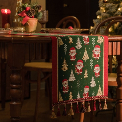 Christmas Table Runner Santa Claus Christmas Tree Jacquard Polyester Fabric With Tassels American Retro Dining Decor