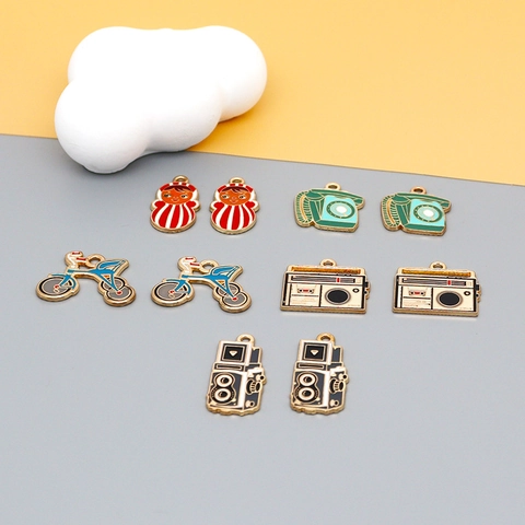 Vintage Alloy Enamel Charms For DIY Jewelry Making Retro Radio Camera Phone Matryoshka Pendants Bag Decor Nostalgic
