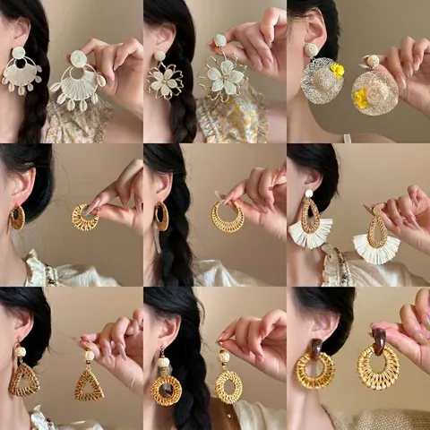 Pendientes Bohemios Rafia Concha Madera Tejidos A Mano Vacaciones Playa Étnico Vintage Mujer Con 925 Plata Pendientes