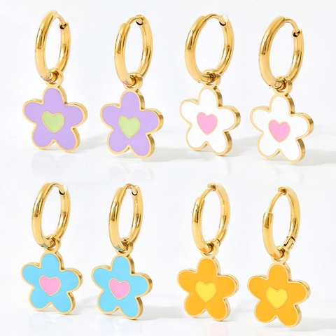 Cute Flower Enamel Plating Stainless Steel Drop Earrings