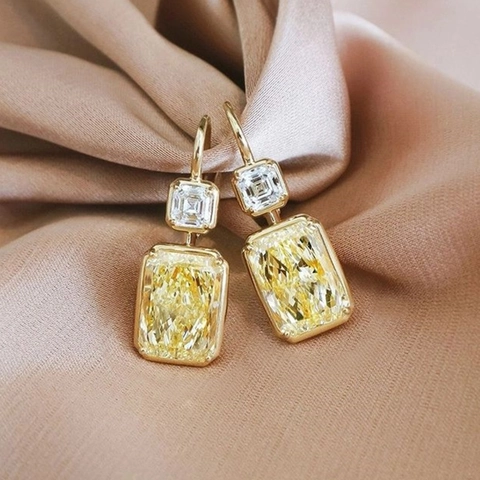 Hangende Oorbellen Koper Geel Rechthoekig Zirkonia Geometrische Stijl Accessoire Sieraden Voor Dames