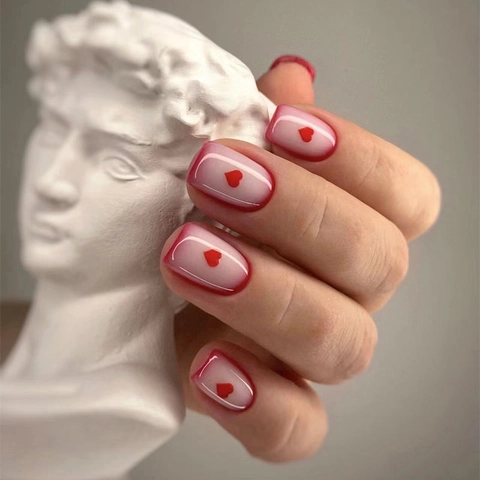 French Red Edge Press On Nails With Heart Pattern Short Square Glossy Full Cover Fake Nails For Women DIY Manicure