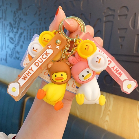 Cartoon Duck Keychain PVC Silicone Cute Animal Hat Bag Hanging Charm Kawaii Why Duck Wristband Key Ring Holder