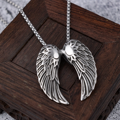 Vintage Angel Wing Pendant Necklace Polished Stainless Steel Feather Double Wings Jewelry For Men Women Punk Gothic Style