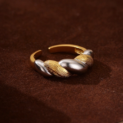 Bague Torsadée En Argent Sterling 925 Bicolore Plaqué Or 18K Brossé Rétro Anneau Ouvert Ajustable Bijoux Pour Femme