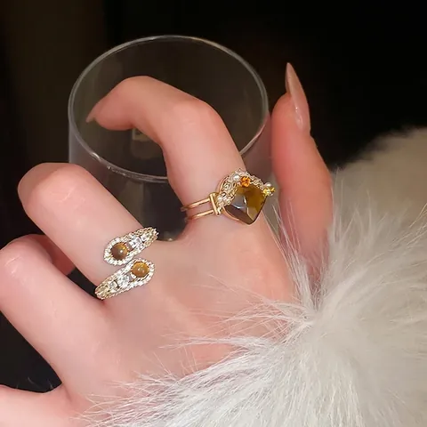 Vintage Tigerauge Stein Schlange Offener Ring Vergoldet Kupfer Zirkon Verstellbar Luxus Mode Finger Schmuck Für Frauen