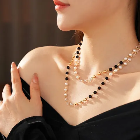 Collana A Strati Con Künstliche Perle Acriliche Grani Di Vetro Neri E Cristalli Trasparenti Stile Retrò Francese Gioielli In Lega