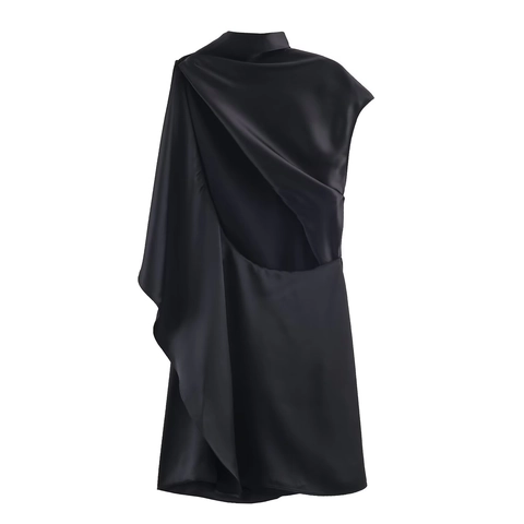 Satin Mini Kleid Asymmetrisch Ärmellos Halfter Ausschnitt Drapiert Unregelmäßiger Saum Party Abend Für Damen