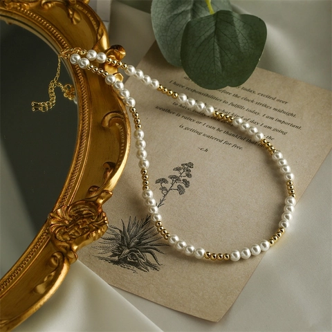 Elegant Simulated Artificial Baroque Pearl And Copper Bead Adjustable Necklace For Women French Minimalist Style Vintage Gold Color